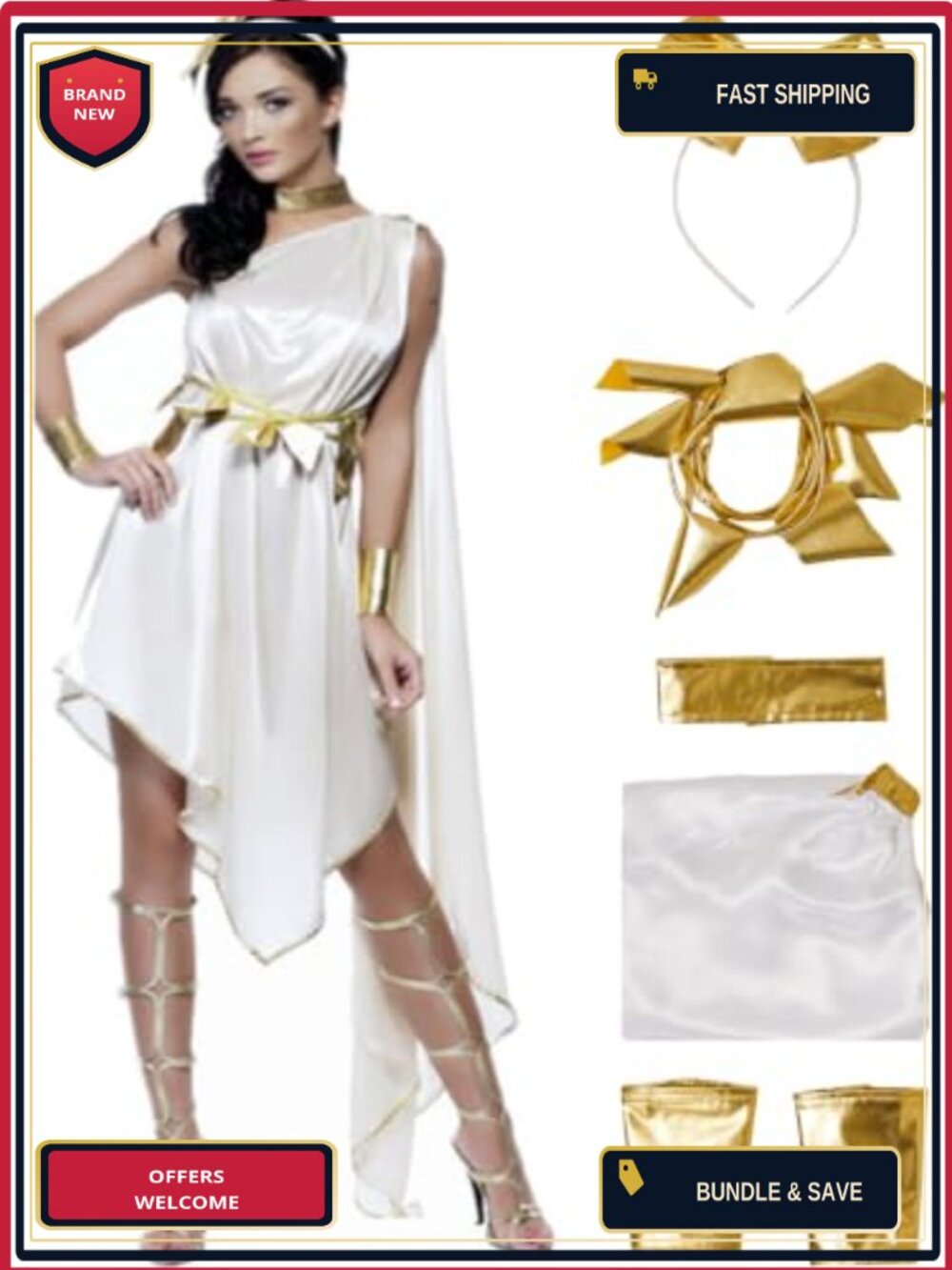 Polyester Greek Goddess Toga Costume Dress Accessories Set Cosplay Halloween